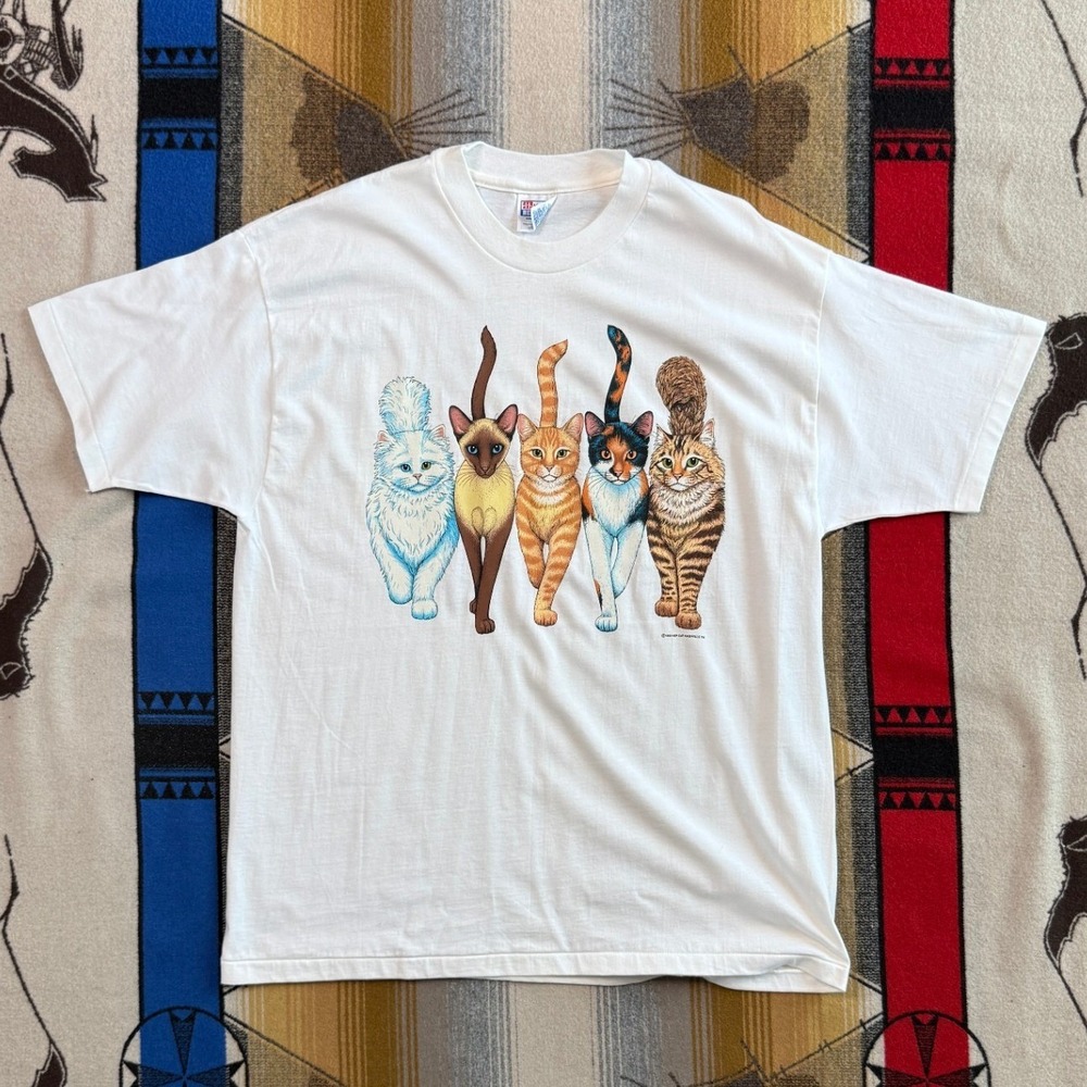Vintage 1993 Double Sided Cats T Shirt Hanes Beefy-T White XL Single Stitch
